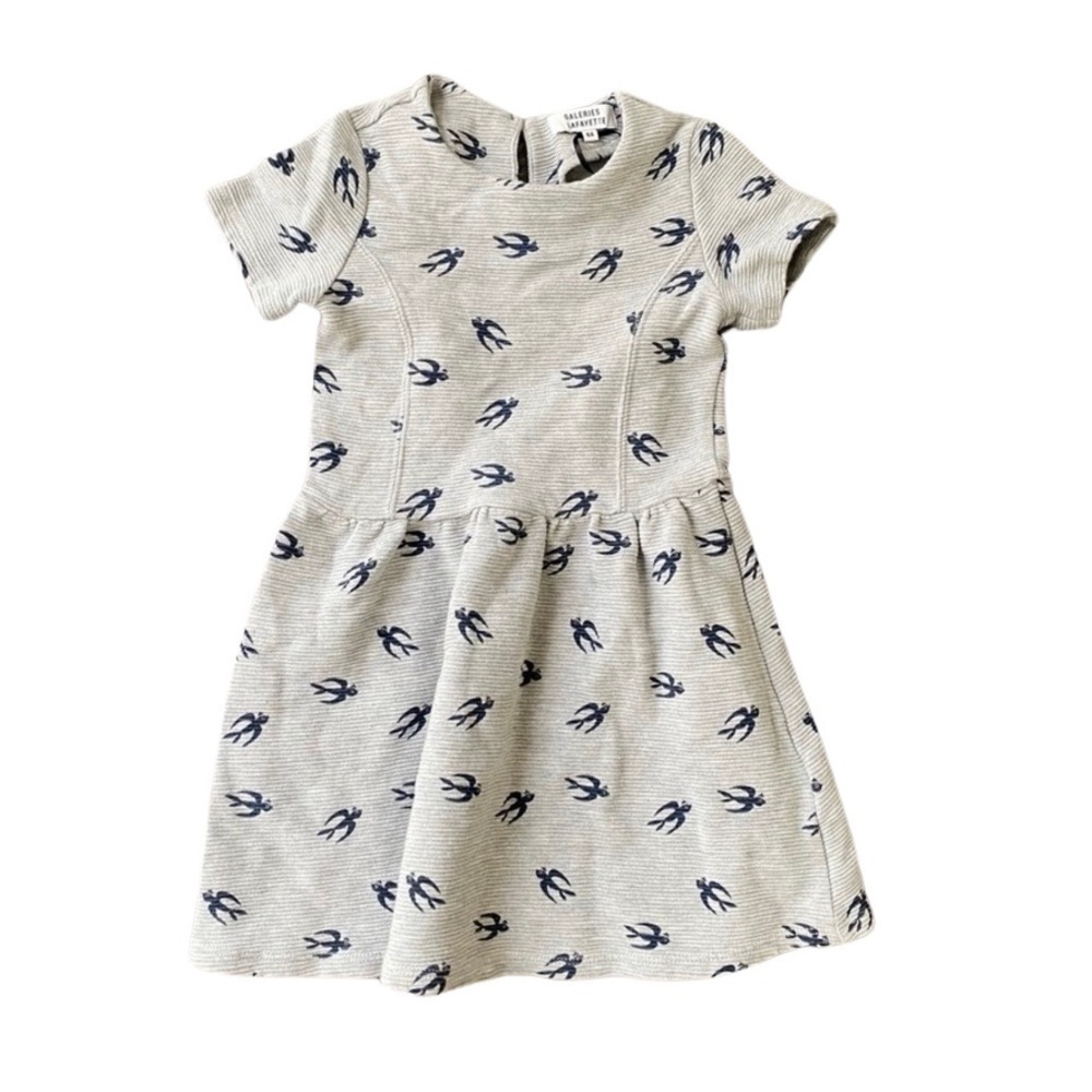 Galeries Lafayette Girls Bird Ribbed Dress in Gray, Size 6​​​​​​​​​​​